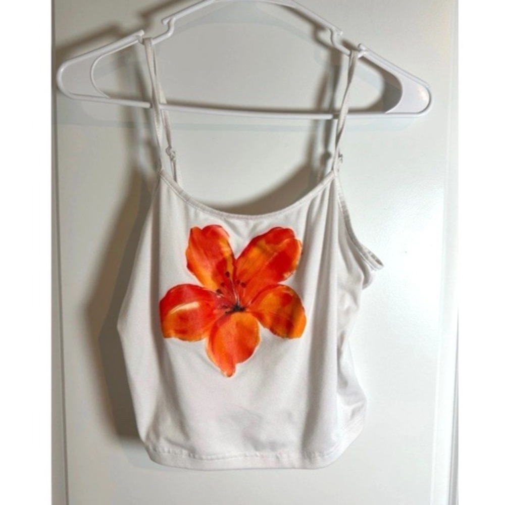 White Crop Tank Top Orange Flower Print Summer‎ Sleeveless Cami Small